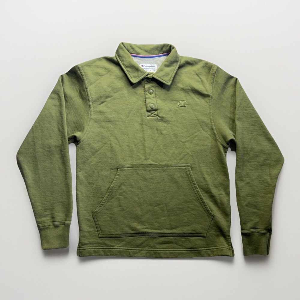 Champion Olive Rugby Pullover Mens Small Long Sleeve Snap Collar Kangaroo Pocket